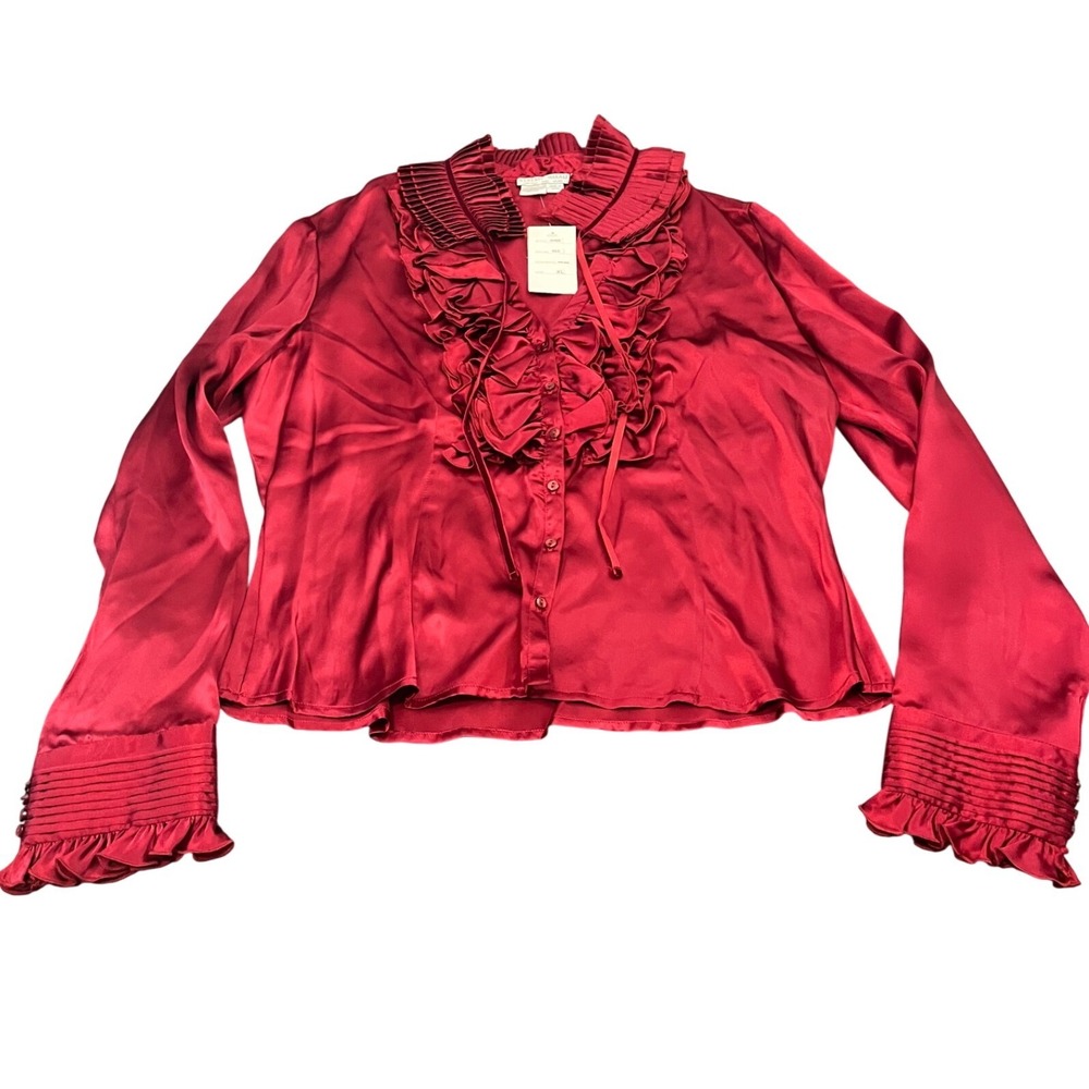 Vintage Alberto Makali Couture Silk Blouse XL Red Ruffle Neck Long Sleeve‎ Top